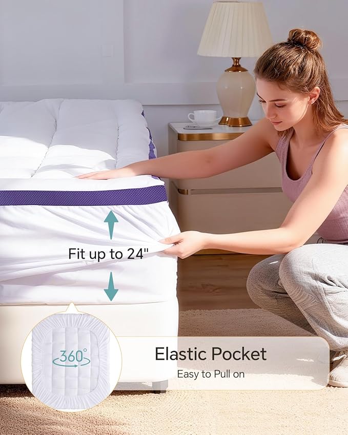 Dual Layer 4 Inch Memory Foam Mattress Topper Queen - 2 Inch Gel Memory Foam and 2 Inch Pillow Top Mattress Pad, 7-Zone Egg Crate Queen Size Mattress Topper(White)