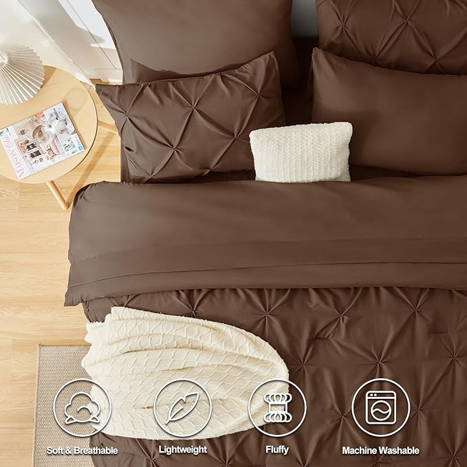 CozyLux King Size Comforter Set Brown, 7 Pieces Pintuck Bed in A Bag Brown Comforter King Size, Pinch Pleat Bedding Set with All Season Comforter, Sheets, Pillowcases & Shams