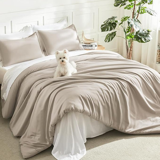 Litanika Oatmeal Comforter King Size, 3 Pieces Lightweight Solid Bedding Comforter Set, All Season Fluffy Bed Set
