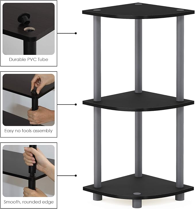 Furinno TURN-N-TUBE Corner Shelf, 3-Tier Corner Bookshelf, Display Storage Shelves with Open Shelves, for Organization and Storage, Living Room, Home Office, Garage, Black - Image 4
