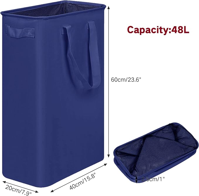 efluky Slim Laundry Basket, Narrow Laundry Hamper with Handles, Collapsible Dirty Clothes Hamper, Tall Laundry Bin for Laundry Room, Dorm and Bedroom, 12.7 Gallons(48L) Blue - Image 2
