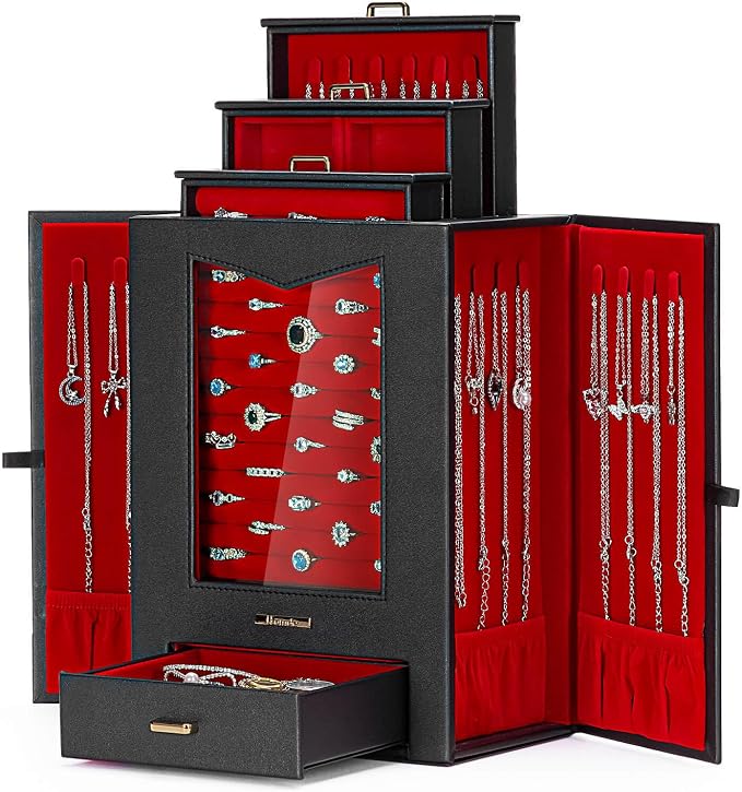 Homde Jewelry Organizer with Transparent Window Necklace Hooks Gift for Women Jewelry Box Display Case for Necklaces Rings Earrings Bracelets and Other Jewelry Accessories (Black + Red +Gold) by Homde
