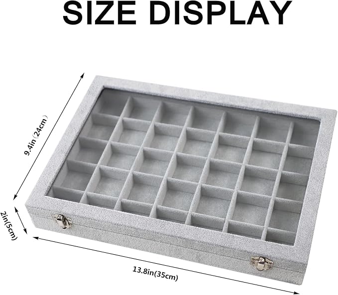 Jewelry Tray 35 Grid Velvet Jewelry Organizer with Clear Lid Transparent Earring Bracelet Organizer Holder Case with Clasp Drawer Insert for Rings Studs Gift for Women Girls - Image 4