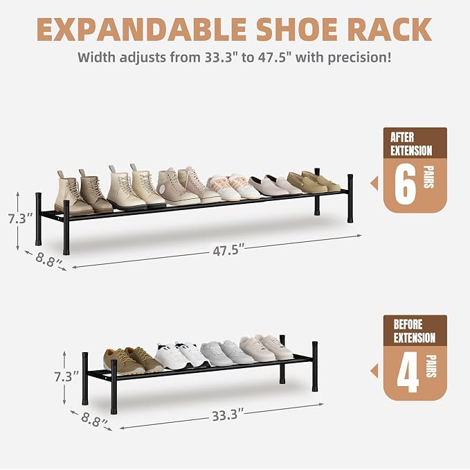 STORAGE MANIAC Long Expandable Shoe Rack, 6 Pairs Metal Wide Stackable Shoe Rack, Adjustable Shoes Shelf, Freestanding Shoes Organizer for Closet, Entryway, Hallway, Garage, Front Door, 1 Tier - Image 2