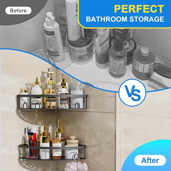 Corner Shower Caddy, 2 Pack Adhesive Bathroom Shower Corner Organizer Shelf, No Drilling Rustproof Wall Mounted Shower Storage Rack Shampoo Holder Organizer (Black) - Image 3