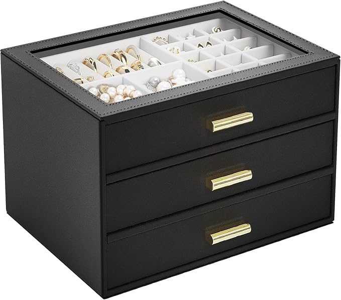 AKOZLIN Jewelry Box with Clear Lid Functional Leather Jewelry Storage Organizer Case 3 Drawers for Women Girls Necklace Ring Bracelet Earring by AKOZLIN