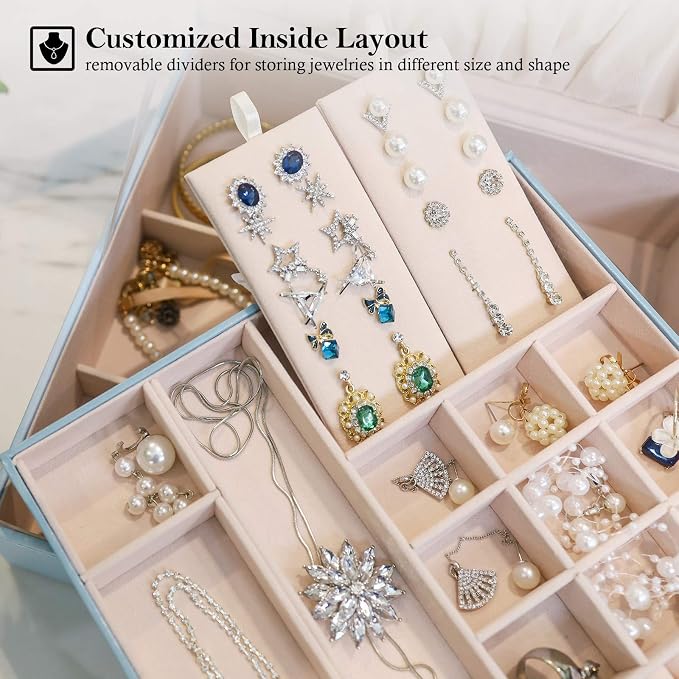ProCase Jewelry Box for Women, 2 Layers Large Leather Jewelry Organizer Storage Case with Removable Pad for Earrings -Blue - Image 3