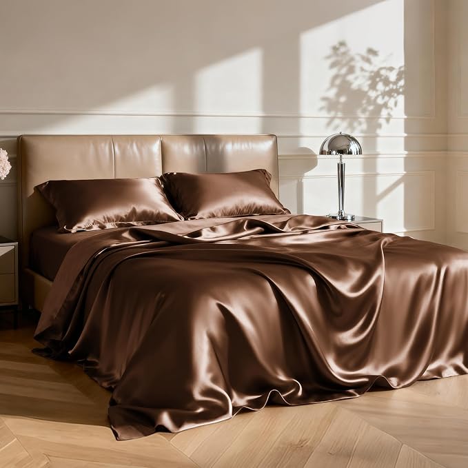Love's cabin Satin King Sheet Sets - 4 Piece Brown Silky Sheets King Size Bed with Deep Pocket, Luxury Silk Feel King Size Satin Sheet Set (1 Flat Sheet,1 Fitted Sheet,2 Pillow Cases)
