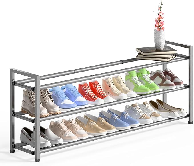 Bumusty 3-Tier Long Expandable Shoe Rack for Closet, 18"-44" Adjustable Shoe Rack for Entryway, 15-18 Pairs Large Shoe Organizer Shelf Storage, Sturdy Metal, Light Grey by BUMUSTY