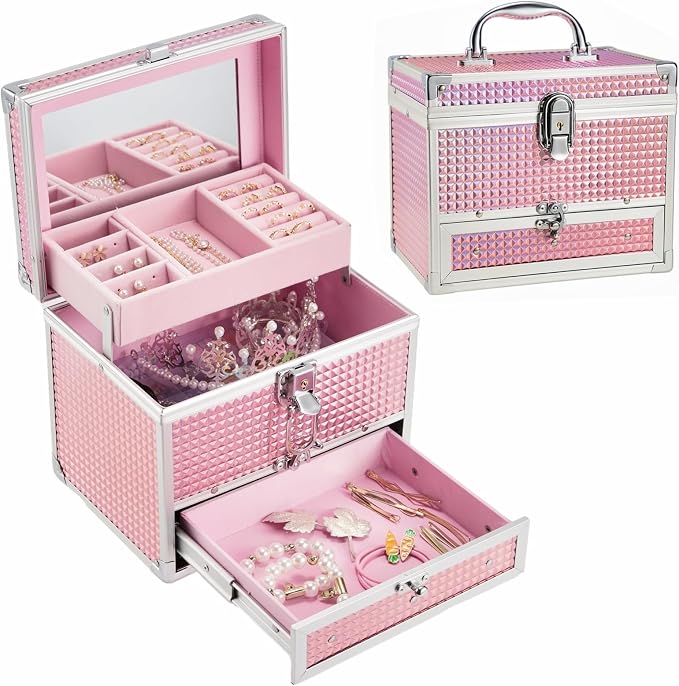 Hododou Girls Jewelry Box Organizer with Drawer & Mirror, Shiny Pink Style Lockable Storage Case for Kid or Little Girls Jewelry and Hair Accessories by Hododou