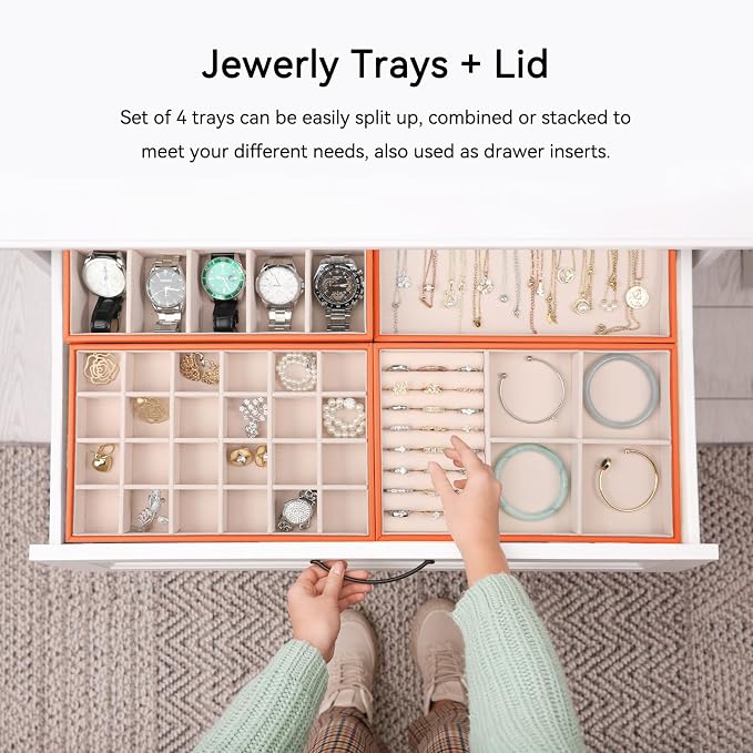 Voova Stackable Jewelry Organizer Tray with Lid, PU Leather Jewelry Storage Holder for Drawer Inserts, Jewellery Display Box Case for Earring Necklace Ring Watch Bracelet (Set of 4, Orange) - Image 6