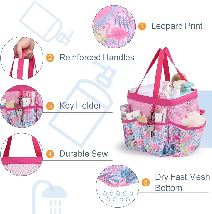 F-color Shower Caddy Portable - Mesh Shower Bag Basket Tote for College Dorm Room Essentials Bathroom Gym Camp Quick Dry for Women Men with S Hook, Pink Flamingo - Image 3