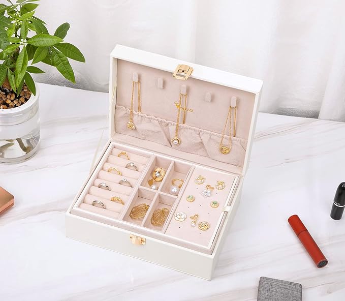 Voova Jewelry Box Organizer for Women Girls, 2 Layer Large Men Jewelry Storage Case, PU Leather Display Jewellery Holder with Removable Tray for Necklace Earrings Rings Bracelets, Vintage Gift, White - Image 4