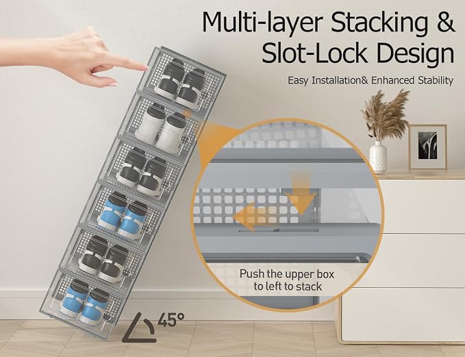 Kuject XX-Large Shoe Storage Boxes Organizers Clear Plastic Stackable 12 Pack, Shoe Rack & Holder Substitute, Sneaker Containers, Shoe Storage Organizer Bins for Closet, Under Bed, Grey(No Fold Line) - Image 4