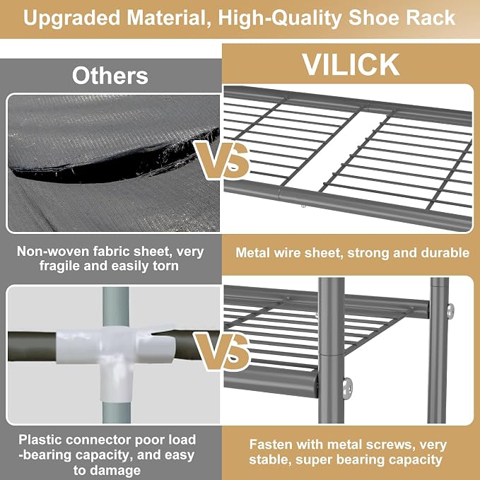 VILICK 3 Tier Shoe Rack 33" Wide Metal Shoe Organizer Long Shoe Storage with 4 Side Hooks Sturdy Shoes Shelf for Front Door Entrance, Closet, Garage, Dorm, Grey - Image 5