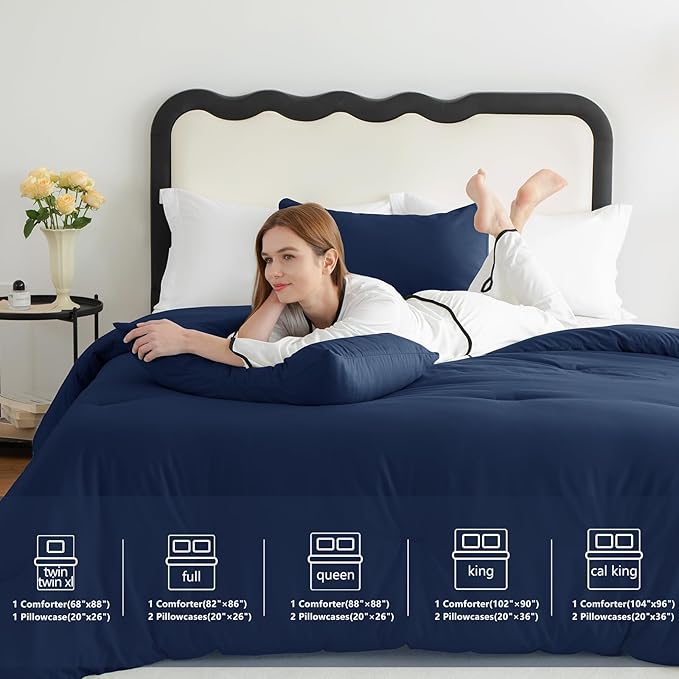 CozyLux Twin Comforter Set Navy Blue, 2 Pieces Twin Extra Long Solid Breathable Bedding Sets for College Dorm, Twin XL Luxury Soft Bed Set with Down Alternative Comforter and 1 Pillowcase All Seasons