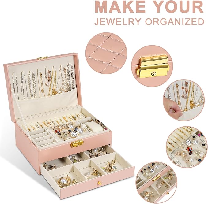 2-Layer Jewelry Box for women, jewelry organizers and storage with Removable Jewelry Tray, vintage quilted top Lockable Jewelry Holder Gift Idea Pink - Image 2