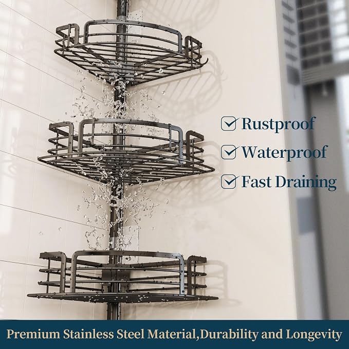 Consumest Corner Shower Caddy Tension Pole - Rustproof Shower Shelves with Towel Bar & Soap Holder, Adjustable Bath Organizer for Bathroom Storage, 27.6-108.3 inch, Black - Image 5