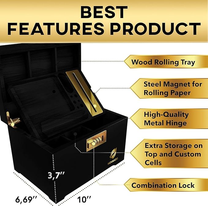 HOVANZO Premium Large Bamboo Storage Box with Removable Tray - Storage Wood Box for Herbs and Accessories - Storage Box Set with Combination Lock - Smell Proof Container with Accessories - Image 4