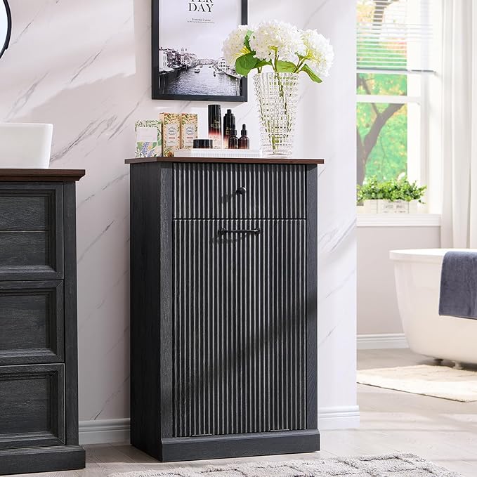 IFBUY Modern Tilt-Out Laundry Hamper Cabinet, 10 Gallon Fluted Trash Can Cabinet with Drawer, Wooden Hidden Garbage Can Cabinets with Laundry Basket, Free Standing for Bathroom and Kitchen, Grey by IFBUYFarmhouseFurniture