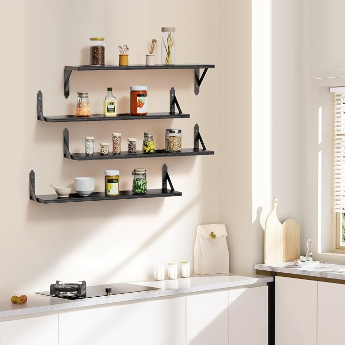 ROMGUAR CRAFT Wood Floating Shelves Set of 4, Rustic Storage Decor Wall Shelves, Wall Mounted Shelf for Living Room, Bedroom 23.6" x 6", Black - Image 2