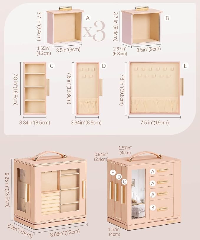 Homde Jewelry Box 360° Rotating, Necklace Earring Organizer with Transparent Window, Mirror, 7 Drawers, Large Ring Display Storage Case for Girls Women (Peach Pink) - Image 6