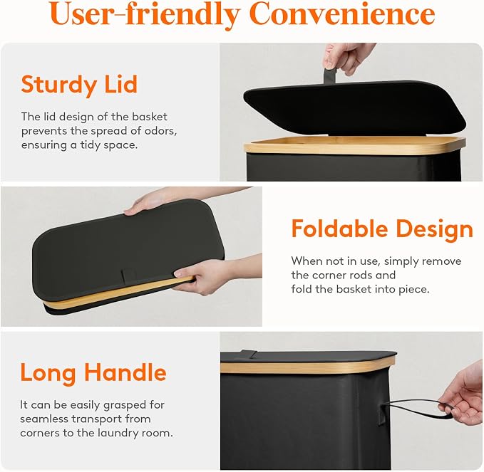 Lifewit 65L Slim Laundry Hamper with Lid, Narrow Laundry Basket with Removable Bag & Bamboo Handles, Fodable Thin Dirty Clothes Hamper for Laundry Collapsible Bin for Bathroom Bedroom Dorm, Black - Image 5