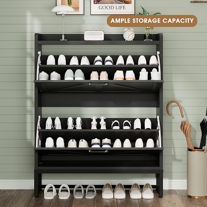 GRUSIGN Shoe Cabinet, Shoe Storage Cabinet with 2 Flip Drawers & Adjustable Shelf, Space-Saving Shoe Organizer – Holds 16+ Pairs, Narrow Shoe Cabinet Storage for Entryway/Hallway（Black） - Image 3