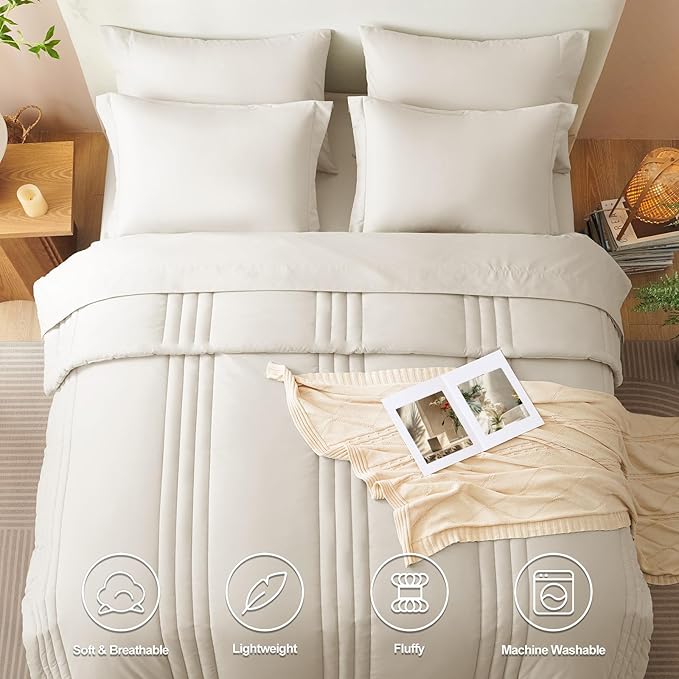 CozyLux Queen Size Comforter Sets - 7 Piece Bed in a Bag Beige Comforter Set with Sheets Luxury Queen Bed Set All Seasons, Soft Bedding Set with Down Alternative Comforter, Sheets, Pillowcases & Shams