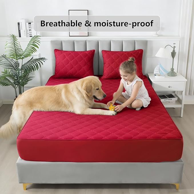 Waterproof Mattress Protector - King Size Mattress Pad Silent & Fitted Sheet Style | Full Bed Protection for Kids, Pets, Adults | Hypoallergenic, Machine Washable (Red, King)