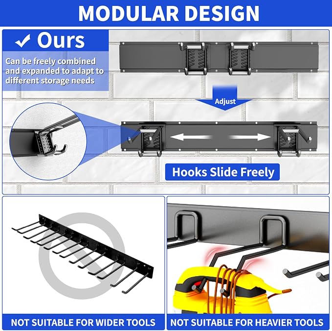 Garage Tool Organizer Wall Mount, 48inch Heavy Duty Garden Tool organizer Storage System, Easy Install With 6 Adjustable Bilayer Hooks, For Garage, Basement, Shed, Workshop(Black) - Image 4