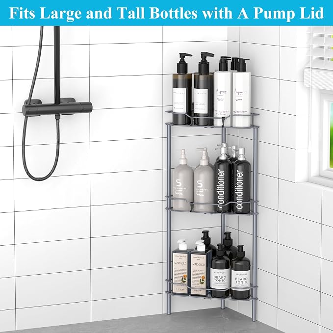 HuggieGems 3 Tier Floor Standing Corner Shower Caddy Organizer Shelf with Hooks, Bathroom Shelves Stand Rack, Dark Gray - Image 7