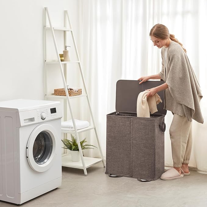 Lifewit Double Laundry Hamper with Lid and Removable Laundry Bags, Large Collapsible 2 Dividers Dirty Clothes Basket with Handles for Bedroom Laundry Room Closet Bathroom College, 136L Brown - Image 6