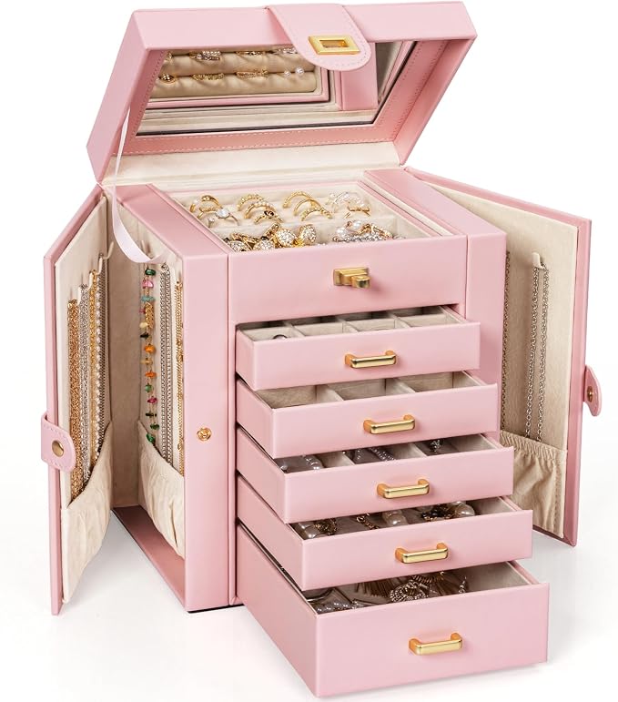 AKOZLIN Large Jewelry Box Organizer Functional with Big Mirror, Leather Jewelry Storage Case for Women Girls Ring Necklace Earring Bracelet Holder Organizer by AKOZLIN