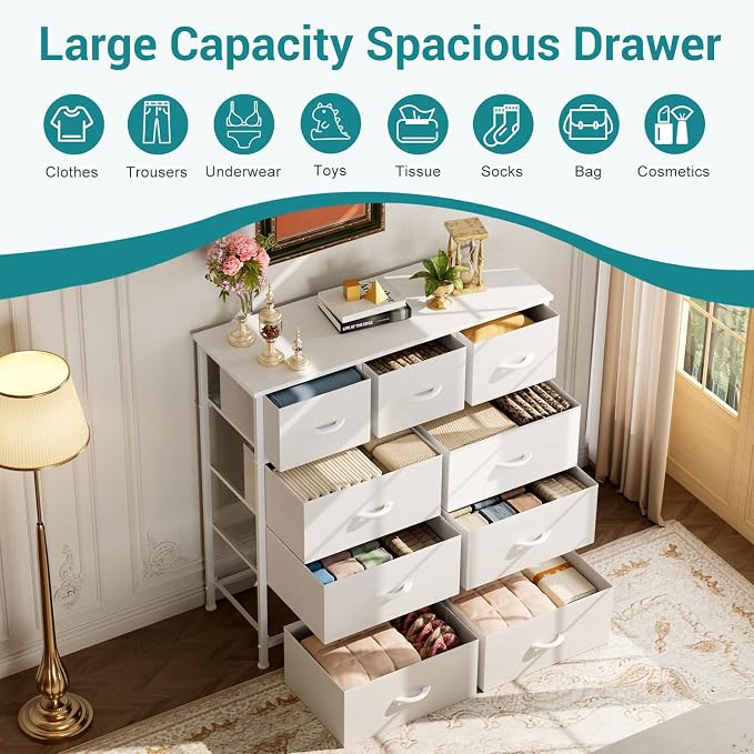 OLIXIS 9 Drawers Storage Organizers Units, Closet Organizers and Storage for Clothes, Fabric Storage Drawer for Living Room, Chest of Dresser in 39.4" D x 11.8" W x 39.9" H, White - Image 4