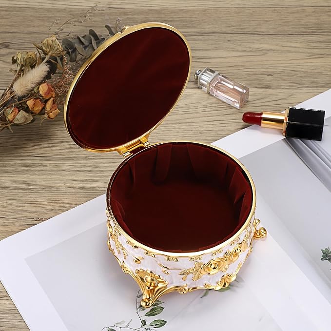 Hipiwe Round Jewery Box Metal Trinket Organizer Decorative Keepsake Box for Trrasure Ring Earring Holder Vintage Jewelry Display Case, Beige, 5.7" L x 5.1" W x 3.5" H - Image 7