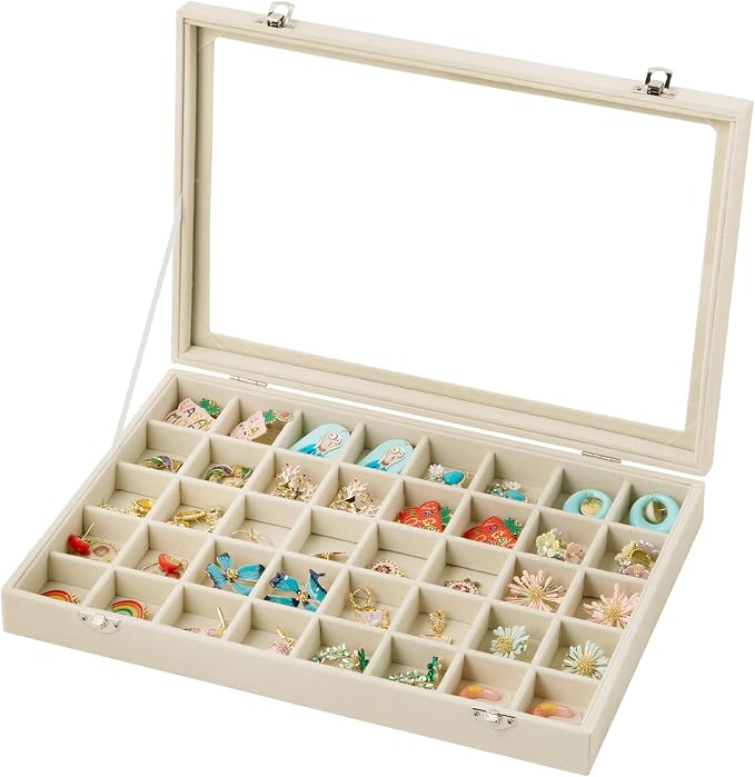 Frebeauty 40 Grid Jewelry Tray,Adjustable Earring Holder Organizer with Glass Lid,Velvet Drawer Jewelry Organizer for Rings,Studs,13.8 x 9.5 x 2 Inches Jewelry Display Box,Gift for Women(Beige) by Frebeauty