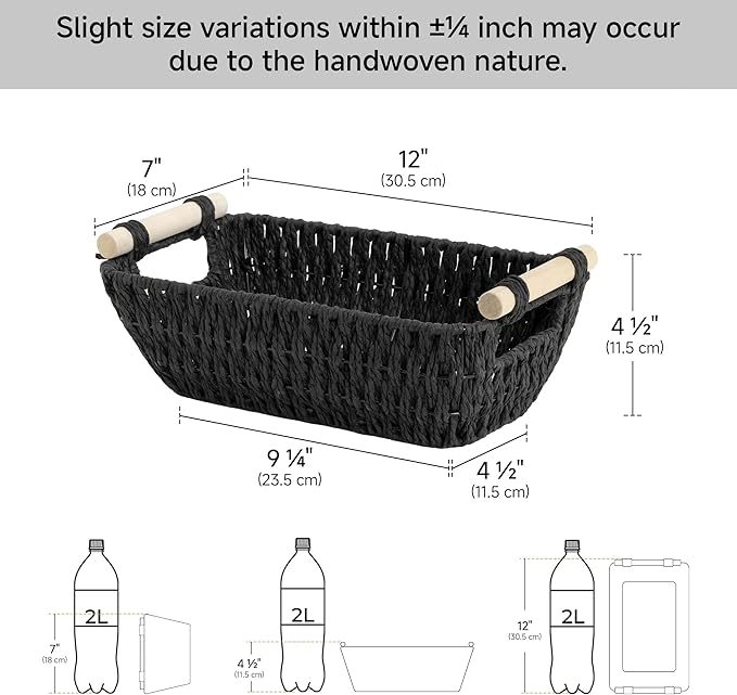 StorageWorks Black Wicker Storage Basket for Organizing with Wooden Handles, Small Woven Basket for Shelf, Toilet Paper, 2-Pack - Image 3