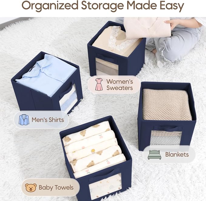 Homsorout Storage Cube 11 Inch - Cube Storage Bins with Window, Closet Storage Baskets with Handle, Fabric Bins for Closet, Shelves, Toys, Clothes, Set of 8, Navy Blue - Image 5