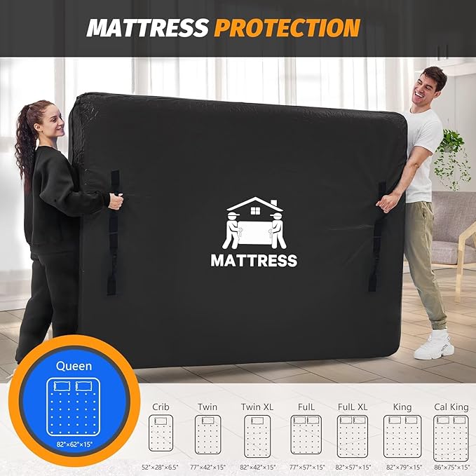 Mattress Bags for Moving, BETU Mattress Protector Waterproof Mattress Cover Crib Size Storage Bags with 8 Heavy-Duty Handles and Zipper for Bed Extra Thick Large Reusable (52"x28"x6.5" Black)