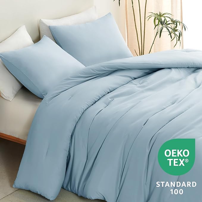 CozyLux Full Size Comforter Set Light Blue, 3 Pieces Solid Breathable Quilted Bedding Sets, Luxury Lightweight Soft Bed Set with Down Alternative Comforter and 2 Pillowcases for All Seasons