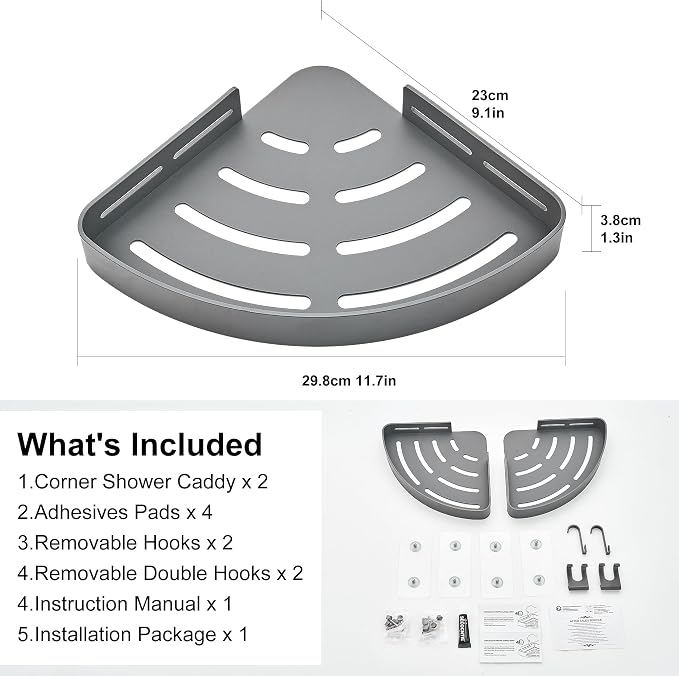 DUFU Adhesive Corner Shower Caddy with Hooks,Bathroom Shower Organizer, No Drilling Rust Proof Aluminum Shower Shelf for Inside Shower 2 Pack (Grey) - Image 2