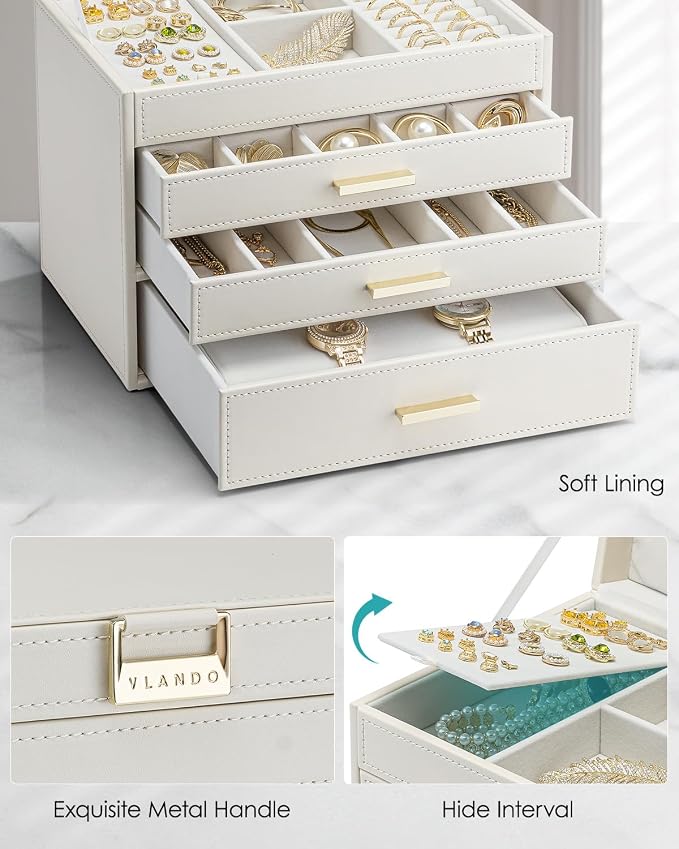 VLANDO 4 Layer Large Jewelry Box - Jewelry Holder Organizer, Jewelry Box Organizer for Drawer Necklace Ring Bracelet and Watch, Birthday Gift for Loved Ones - Beige - Image 4