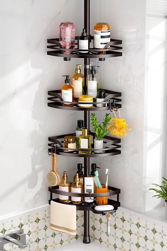 HAMITOR Shower Caddy Tension Pole: Rustproof Bathroom Corner Shelf for Renters, 47-121 inches Adjustable Organizer with Soap Holder-Large Capacity Rack for Shampoo Storage Home Accessory- Bronze by HAMITOR