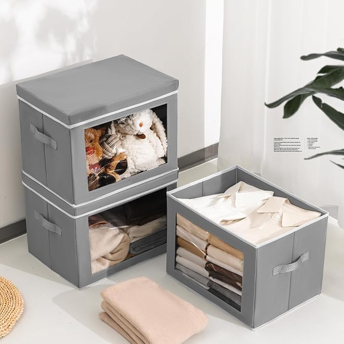 Homsorout Storage Bins with Lids, 4 Pack Large Storage Cubes with Window, Closet Bins with Lids & Handles, Fabric Box for Organizing Clothes, Towels, Books, Grey - Image 4