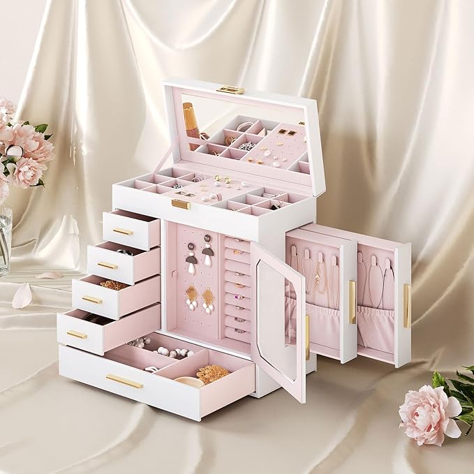HOOBRO Jewelry Box with Mirror, Jewelry Organizer Box with Capacious Storage Space, Vertical Storage, Glass Cover, Modern Style, White and Light Gold WT06JB04G1 - Image 2