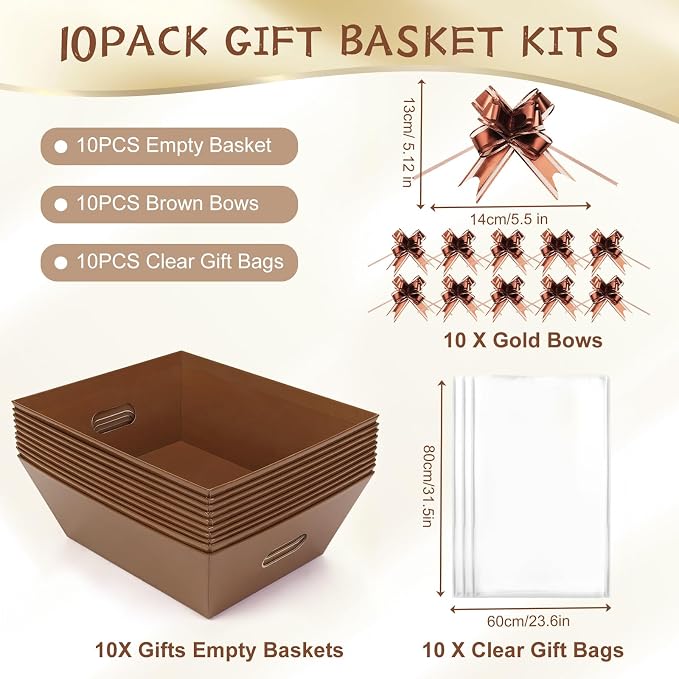 AFOROEOA 10PACK Baskets for Gifts Empty, 10x12”Thick Brown Gift Basket with Handles 10 Bows 10 Bags Empty Gift Baskets for Christmas Thanksgiving Wedding Birthday Party Wrapping Gift - Image 4