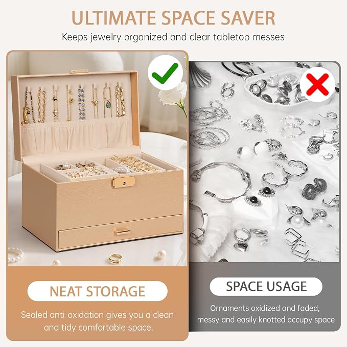 AKOZLIN Travel Jewelry Box Organizer Functional 2-trays Leather Jewelry Storage Case with Lockable Portable Drawer for Women Girls Ring Necklace Earring Bracelet - Image 7