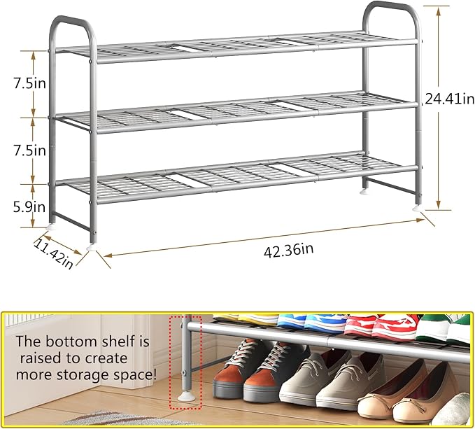 LINZINAR Shoe Rack 3 Tier Long Metal Shoe Organizer for Closet Entryway Grey - Image 3
