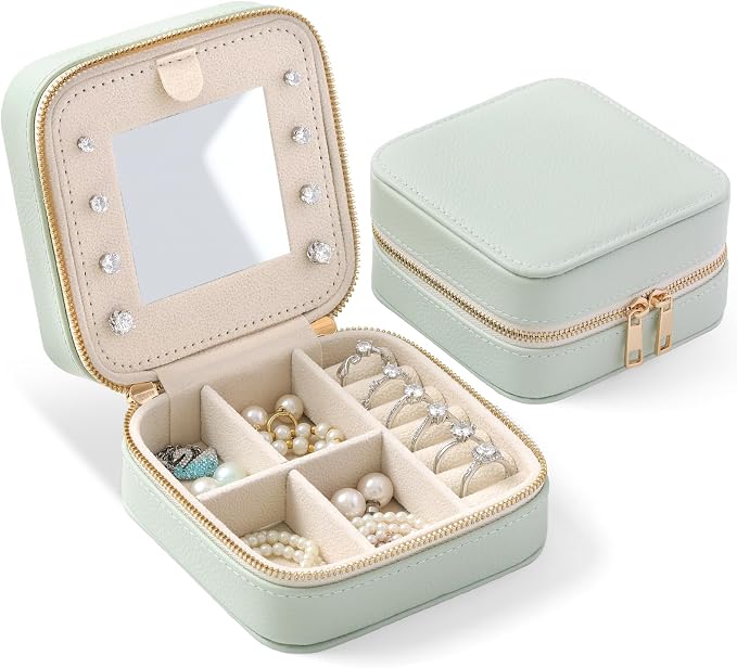 Genuine Leather Travel Jewelry Organizer Case with Mirror for Women, Small Mini Portable Jewelry Box for Ring Earrings Necklace Bracelet Luxury Gift for Women（Mint Green） by NGVRC